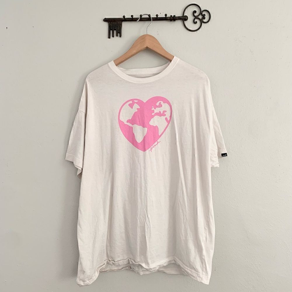 Victoria Secret pink world heart logo script one size tee shirt white pink